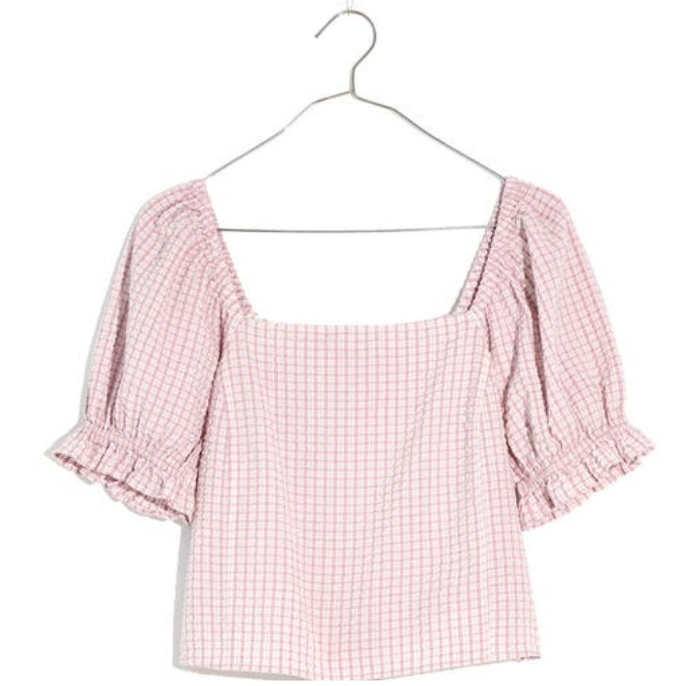 Madewell Seersucker Hopewell Top Women 2XL Provence Grape Puff Sleeve Crop RED37
